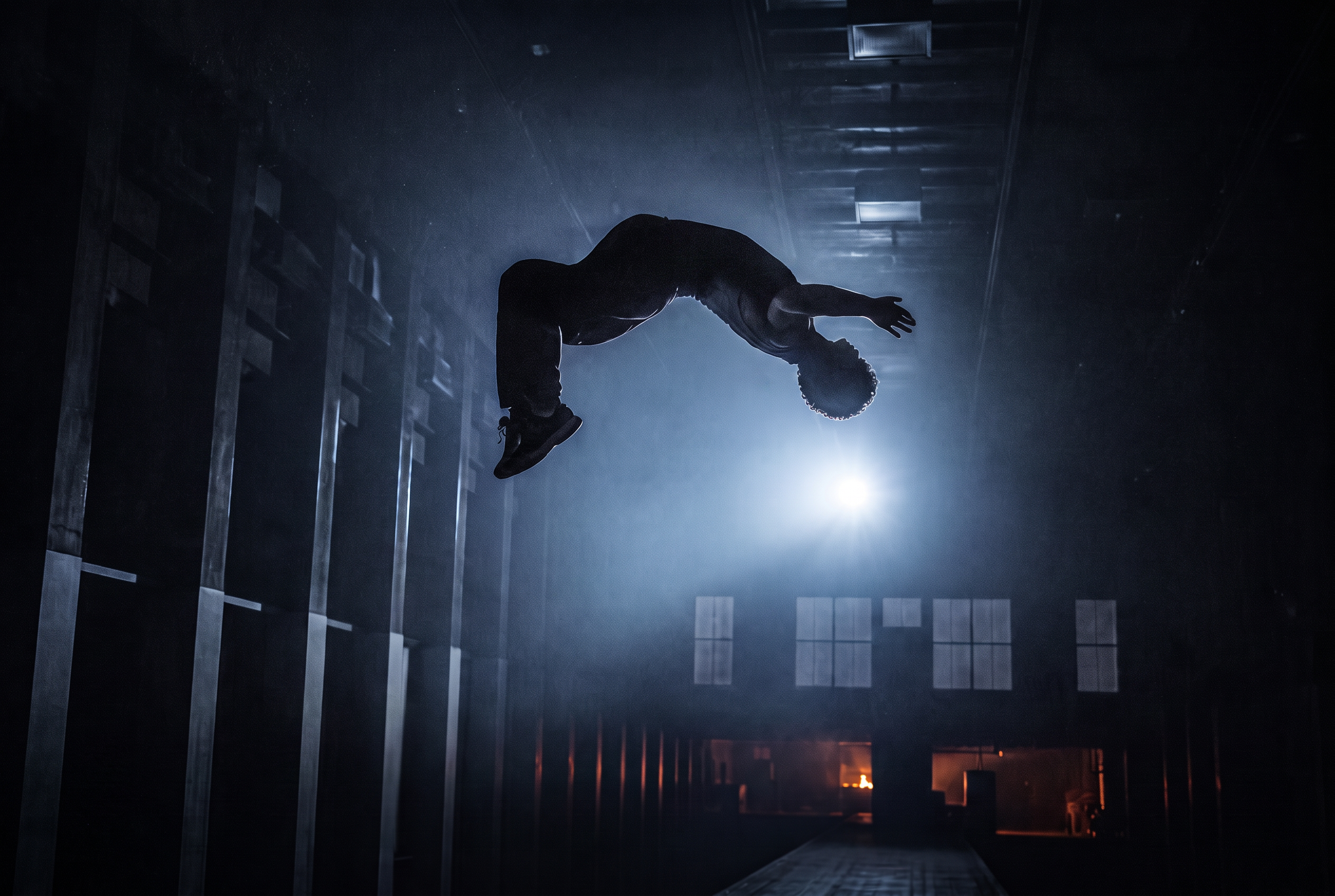 Silhouetted performer mid-air backflip inside The Foundry's vast industrial hall in Derby